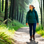 A woman enjoying a serene walk on a well-maintained forest path in Poland, wearing modest, layered outdoor clothing and sturdy hiking boots. Gentle sunlight filters through the trees, casting a peaceful atmosphere. She is looking ahead, engaged with the beautiful surroundings. fully clothed, appropriate attire, safe for work, perfect anatomy, natural proportions, well-formed hands, proper finger count, natural body proportions, professional photography, high quality, family-friendly.