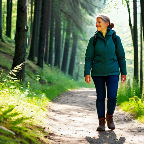 Home 11 A woman enjoying a serene walk on a well-maintained forest path in Poland, wearing modest, layered outdoor clothing and sturdy hiking boots. Gentle sunlight filters through the trees, casting a peaceful atmosphere. She is looking ahead, engaged with the beautiful surroundings. fully clothed, appropriate attire, safe for work, perfect anatomy, natural proportions, well-formed hands, proper finger count, natural body proportions, professional photography, high quality, family-friendly.
