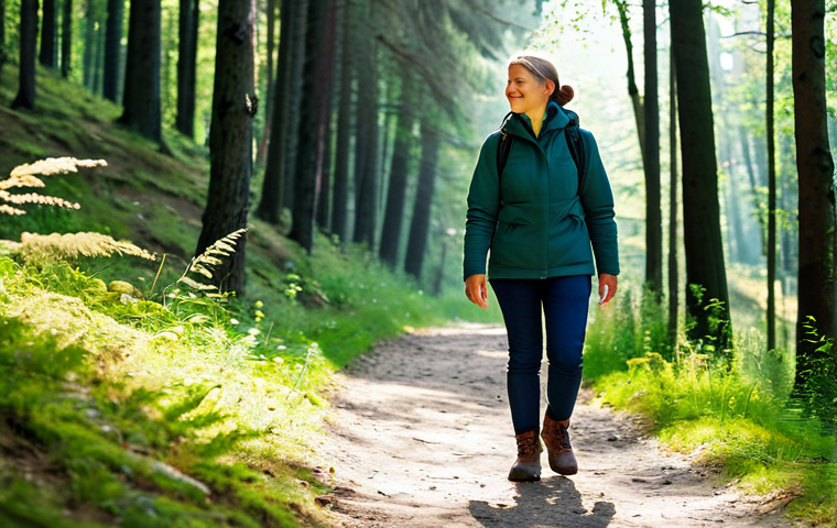 A woman enjoying a serene walk on a well-maintained forest path in Poland, wearing modest, layered outdoor clothing and sturdy hiking boots. Gentle sunlight filters through the trees, casting a peaceful atmosphere. She is looking ahead, engaged with the beautiful surroundings. fully clothed, appropriate attire, safe for work, perfect anatomy, natural proportions, well-formed hands, proper finger count, natural body proportions, professional photography, high quality, family-friendly.